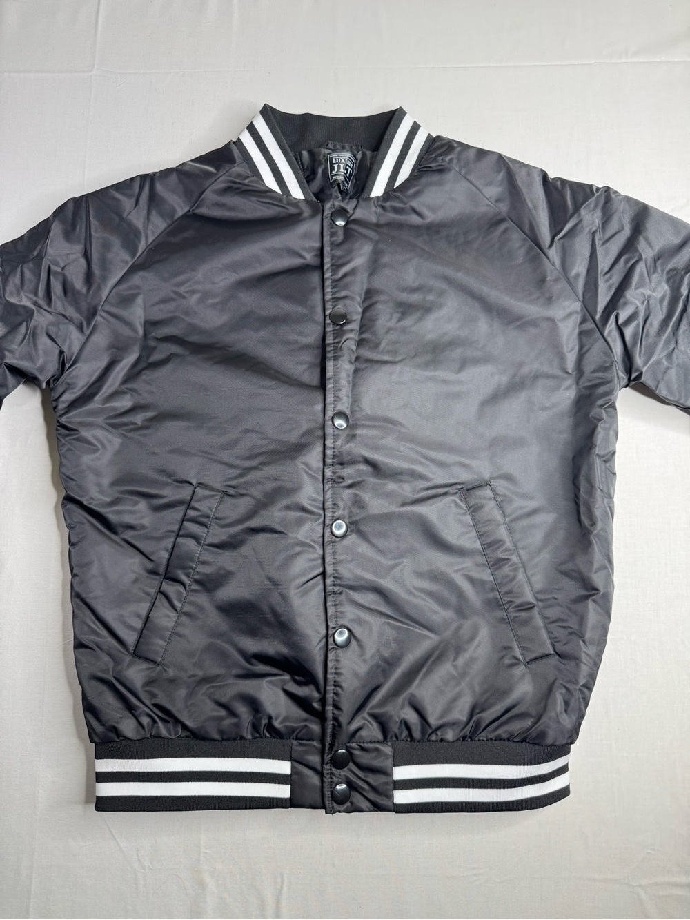 Men's Black Bomber Jacket with White Striped Rib Trim